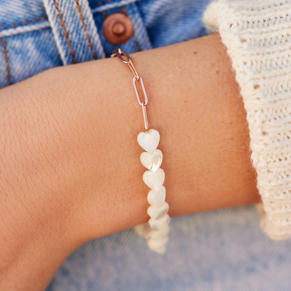 Pearl Heart Paperclip Chain Stretch Bracelet 2
